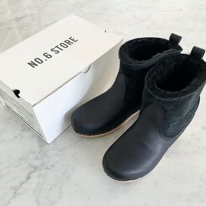 No.6 5" Pull on Shearling Clog Boot on Mid Heel in Black Suede, 42 (size 10)